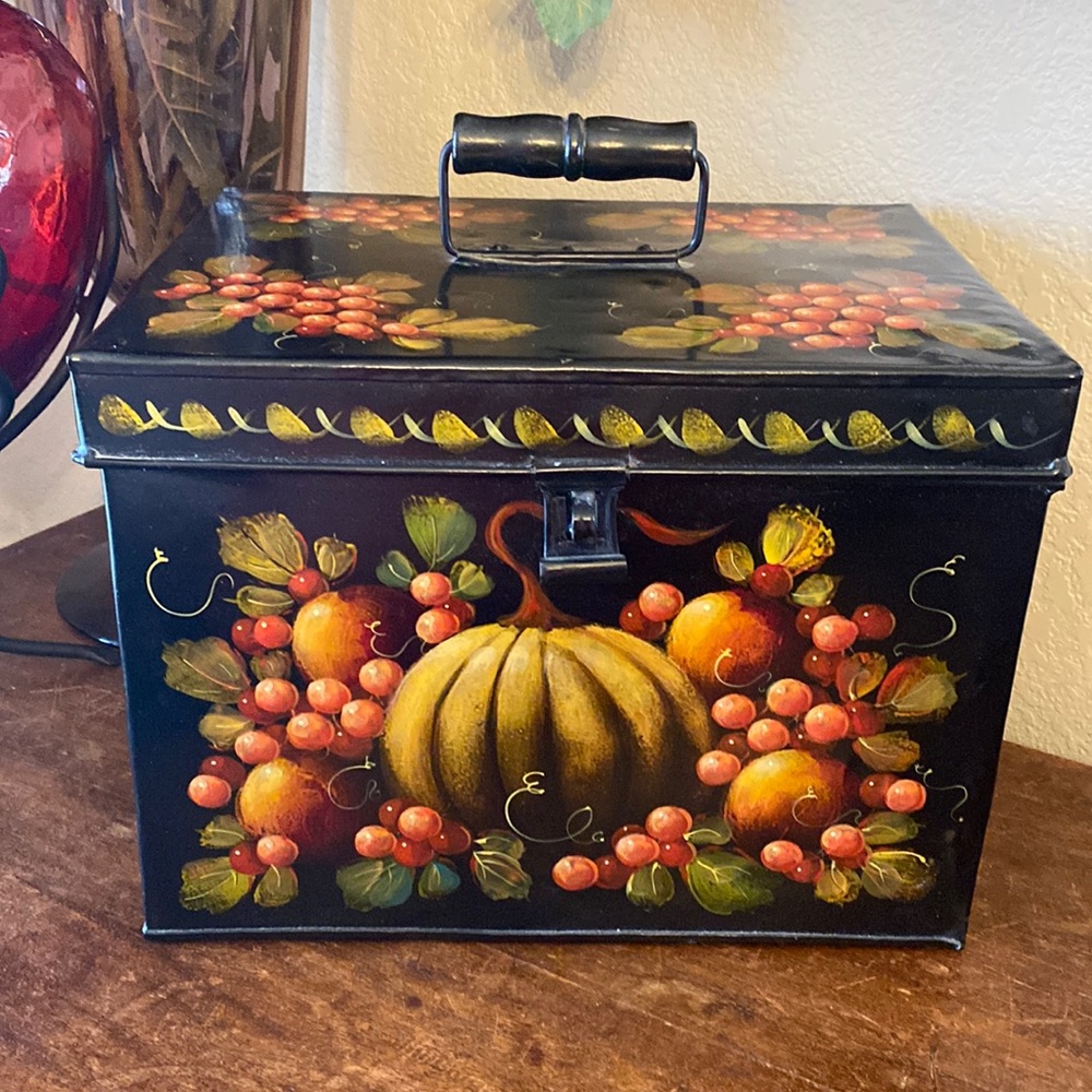 Vintage John Dunn hand signed Folk art metal box w/ handle and latch ‘95